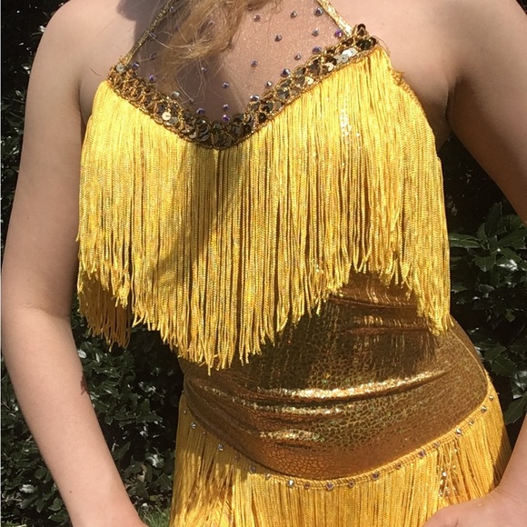 Golden Yellow Leotard with Rhinestones and Fringe - Picture 1 of 4